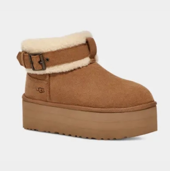 New. UGG Classic Ultra Mini Platform Belted Roller Sherpa Shearling Chestnut - Picture 2 of 3